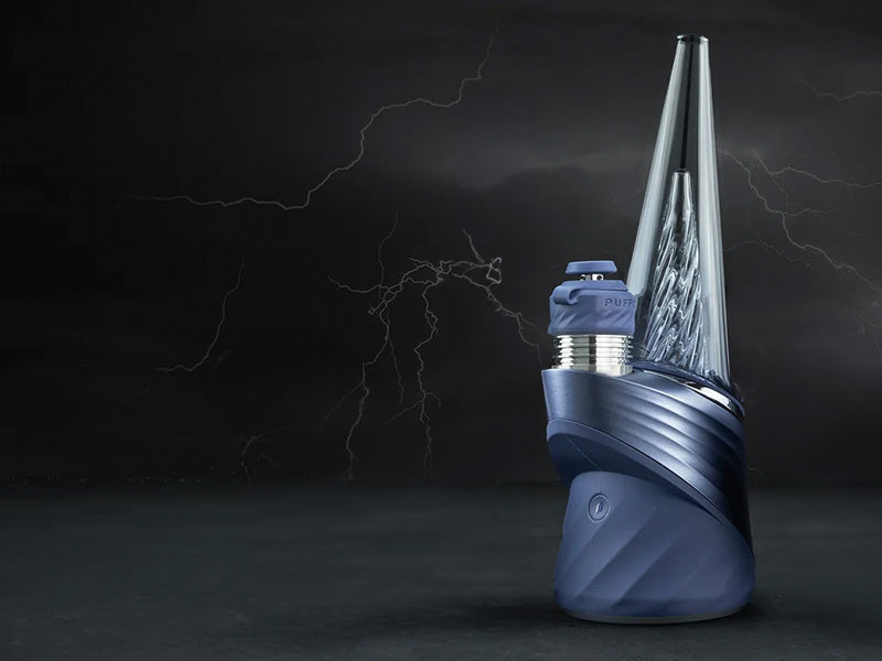 Puffco Peak Pro Storm Edition with black background with lightning 