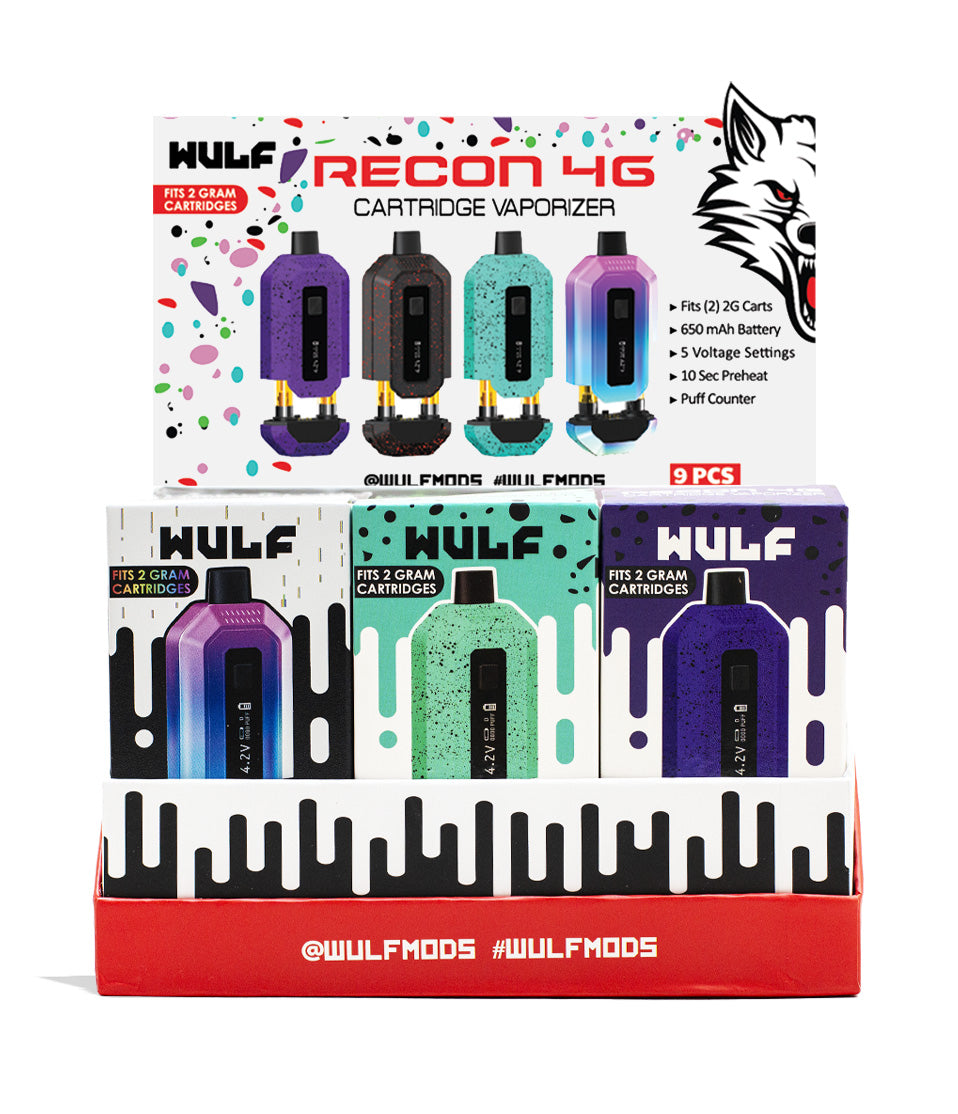 Wulf Mods Recon 4g Dual Cartridge Vaporizer 9pk Front View with insert card on White Background