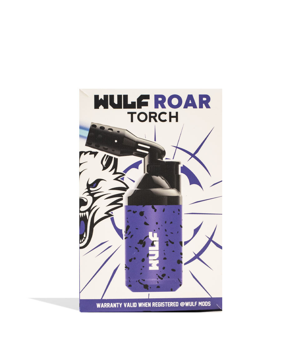 Purple Black Spatter Wulf Mods Roar Butane Torch 9pk Packaging Front View on White Background