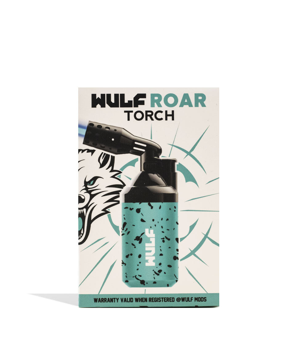 Teal Black Spatter Wulf Mods Roar Butane Torch 9pk Packaging Front View on White Background