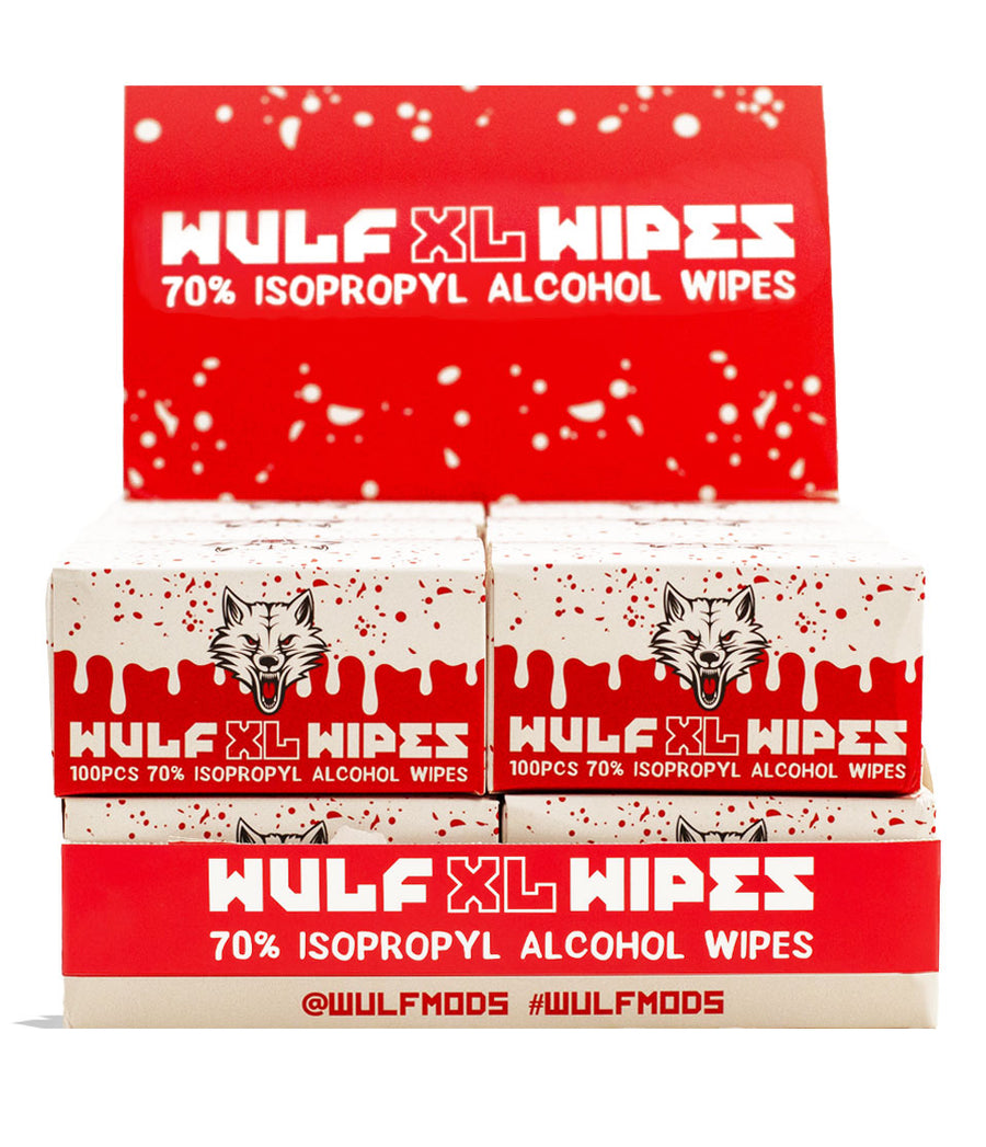 Wulf Mods Wipes 100pk Alcohol Cleaning Wipe 12pk Packaging Open  2 View on White Background