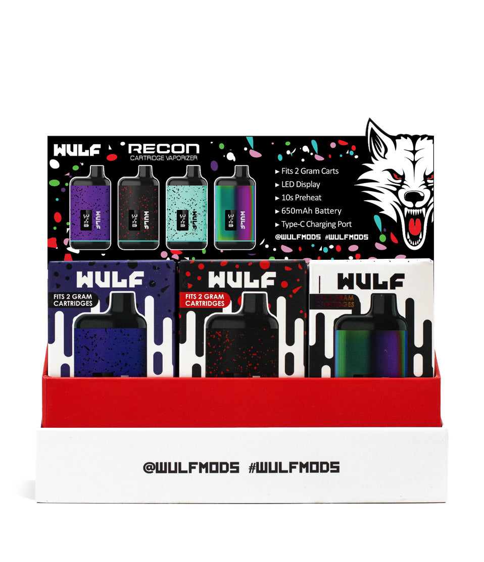 Assorted Wulf Mods Recon Cartridge Vaporizer 9pk front view with insert card on white background