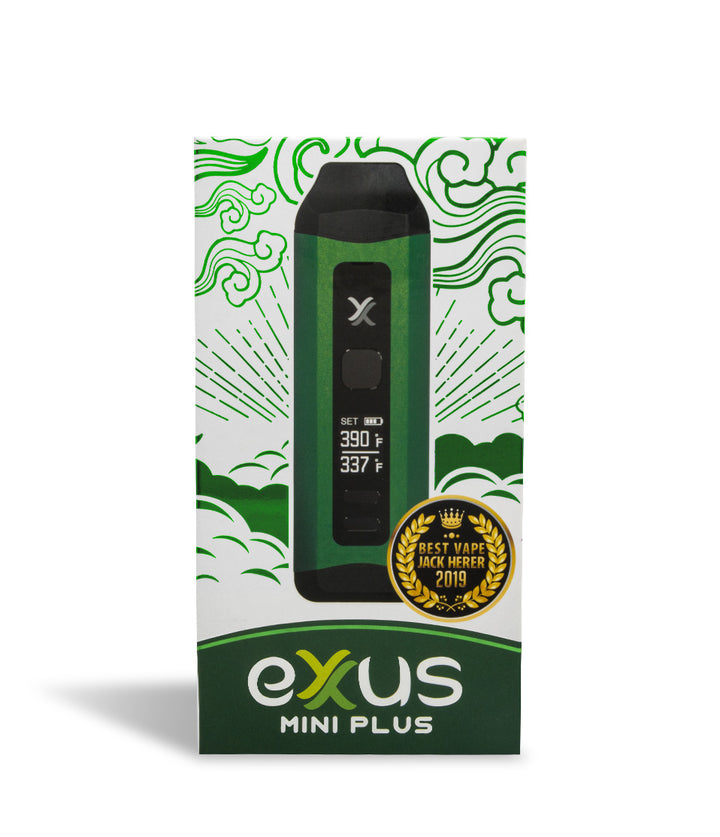 Green Box front view Exxus Vape Mini Plus Vaporizer on white studio background